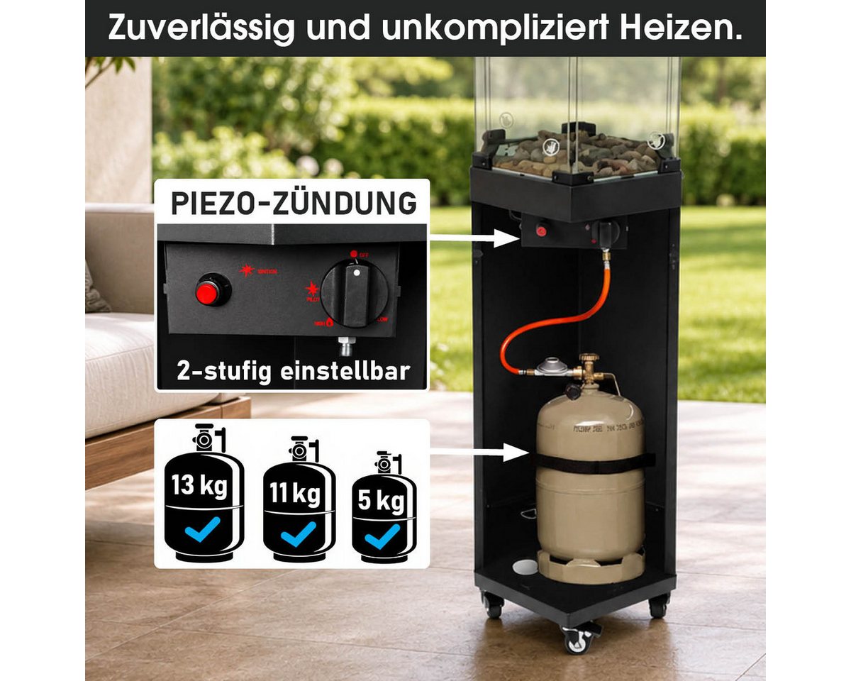 BRAST Heizstrahler Gasheizer FLAME, 2-stufige Heizleistung, 6-seitiges Feuerglas, 6-seitiges Feuerglas, inkl. XL Zubehör-Set, Piezo-Zündung – Bild 4 von 5