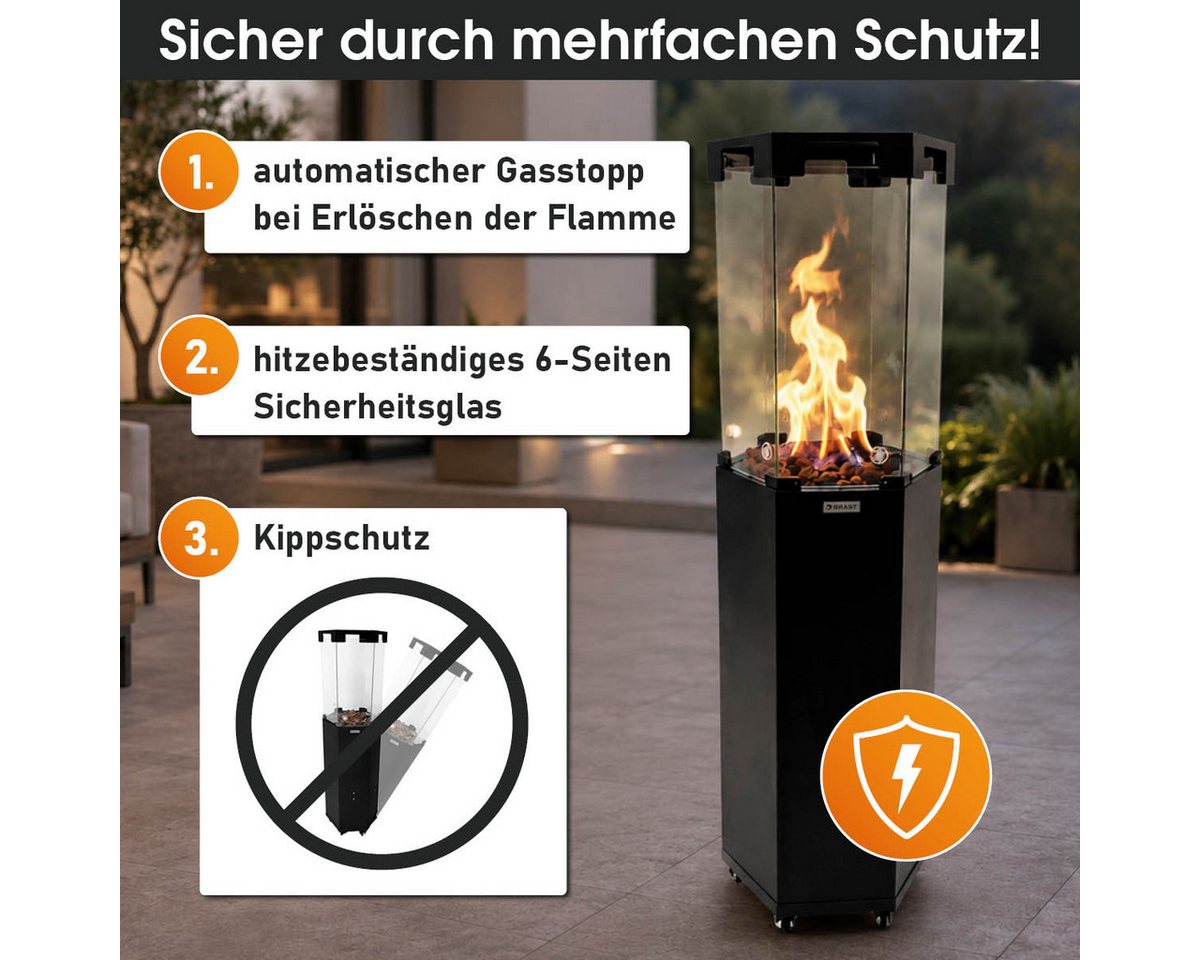 BRAST Heizstrahler Gasheizer FLAME, 2-stufige Heizleistung, 6-seitiges Feuerglas, 6-seitiges Feuerglas, inkl. XL Zubehör-Set, Piezo-Zündung – Bild 5 von 5