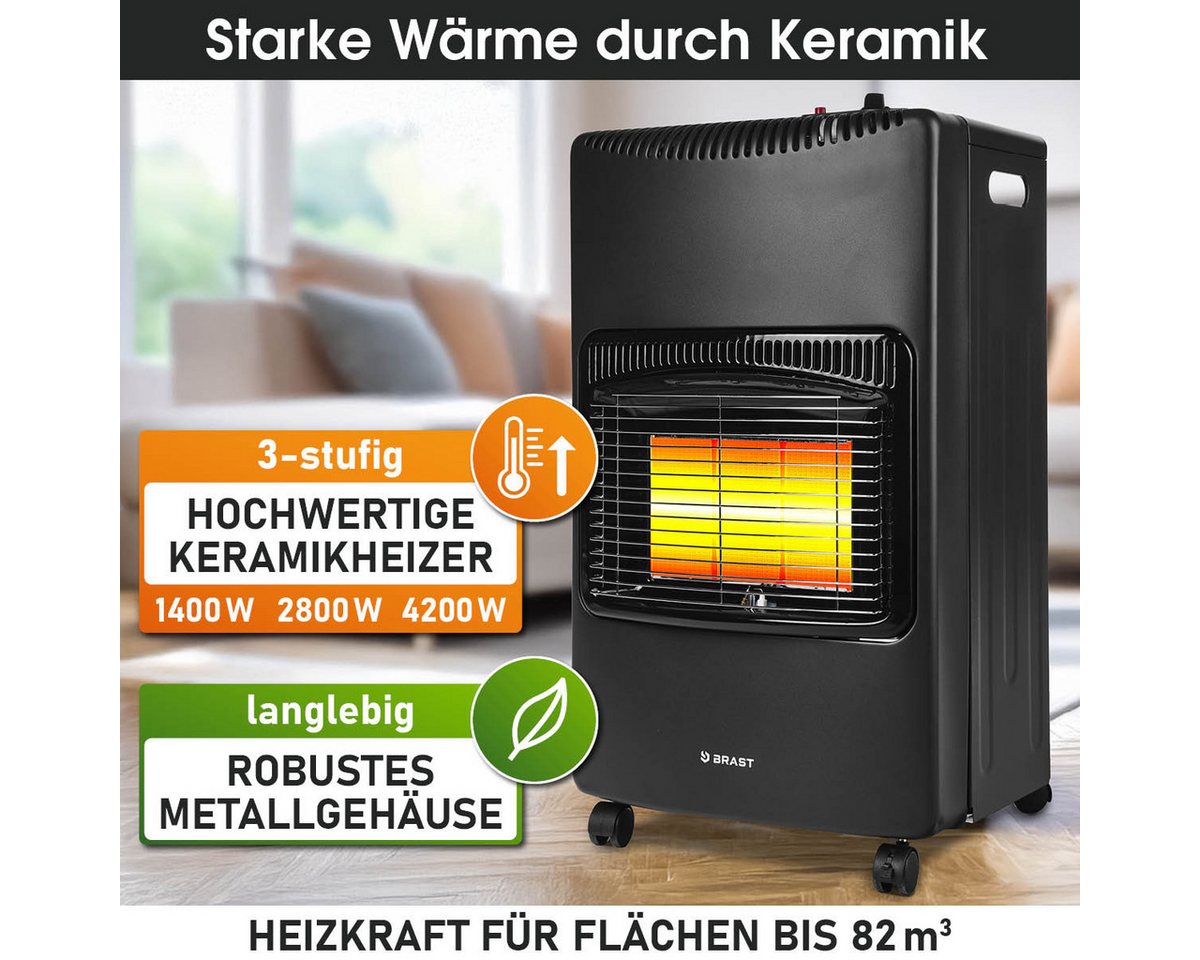 BRAST Heizstrahler Gasheizer Keramik Vulkan, 3 Heizstufen, Gasheizung Heizgerät, 4200 W, inkl. Schutzhülle Druckminderer mit Schlauch & Füllstandsanzeige – Bild 2 von 5