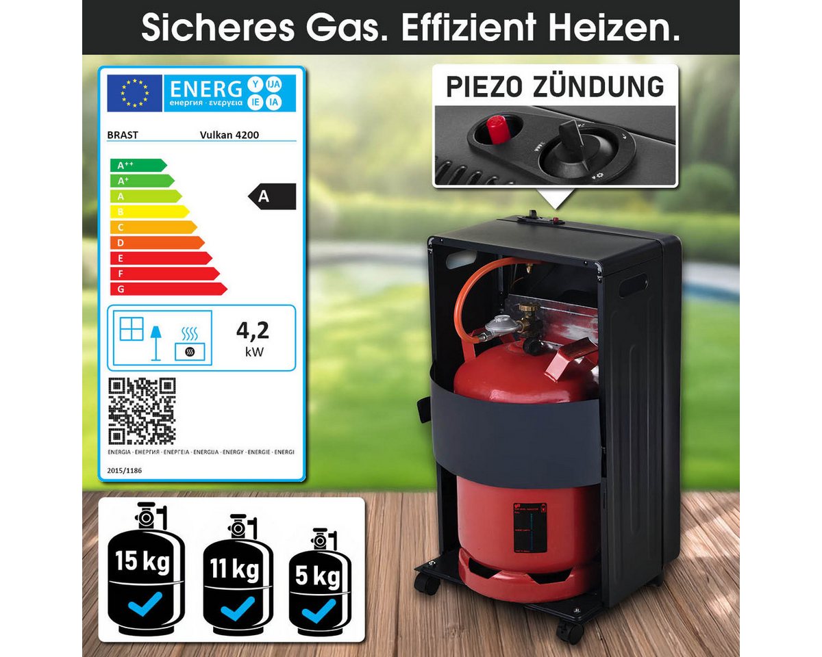 BRAST Heizstrahler Gasheizer Keramik Vulkan, 3 Heizstufen, Gasheizung Heizgerät, 4200 W, inkl. Schutzhülle Druckminderer mit Schlauch & Füllstandsanzeige – Bild 3 von 5