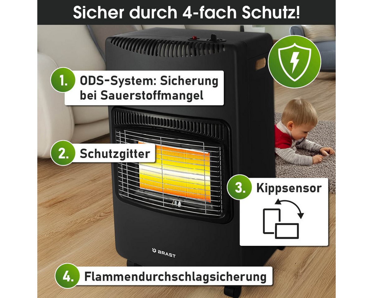 BRAST Heizstrahler Gasheizer Keramik Vulkan, 3 Heizstufen, Gasheizung Heizgerät, 4200 W, inkl. Schutzhülle Druckminderer mit Schlauch & Füllstandsanzeige – Bild 4 von 5