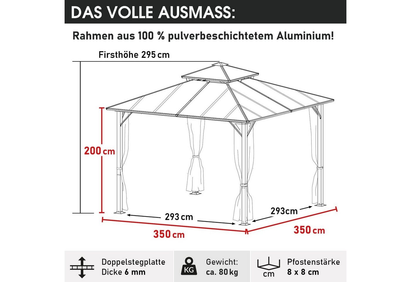 BRAST Pavillon Aluminium Pagode 3,5x3,5m viele Modelle, wahlweise LEDs, inkl. Moskitonetz, festes Dach, wasserdicht, stabil, UV-Schutz – Bild 2 von 5