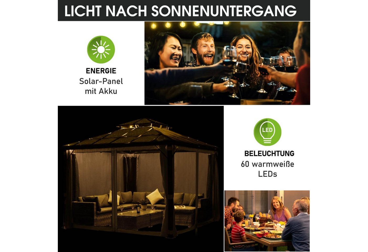 BRAST Pavillon Aluminium Pagode 3,5x3,5m viele Modelle, wahlweise LEDs, inkl. Moskitonetz, festes Dach, wasserdicht, stabil, UV-Schutz – Bild 5 von 5