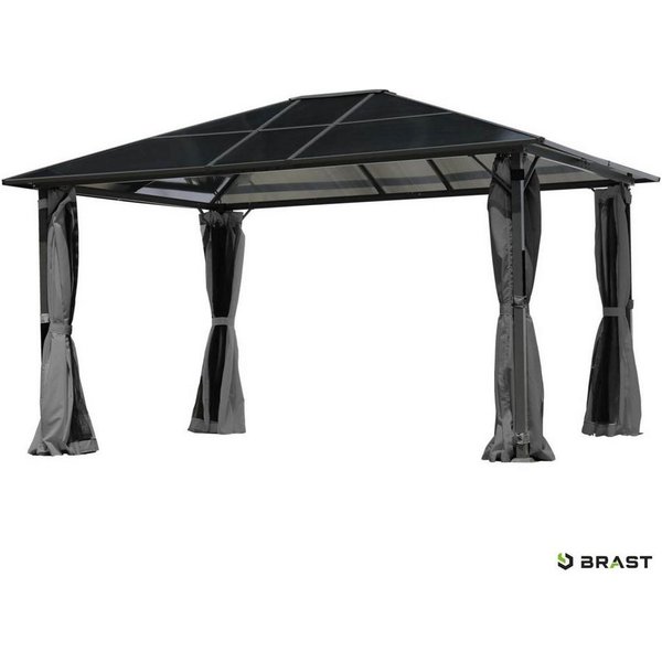 BRAST Pavillon Premium Aluminium Größen 3x4m 3,6x4,8m Moskitonetz, mit 4 Seitenteilen, wahlweise mit LED, TÜV, wasserdicht, UV-Schutz, festes Dach
