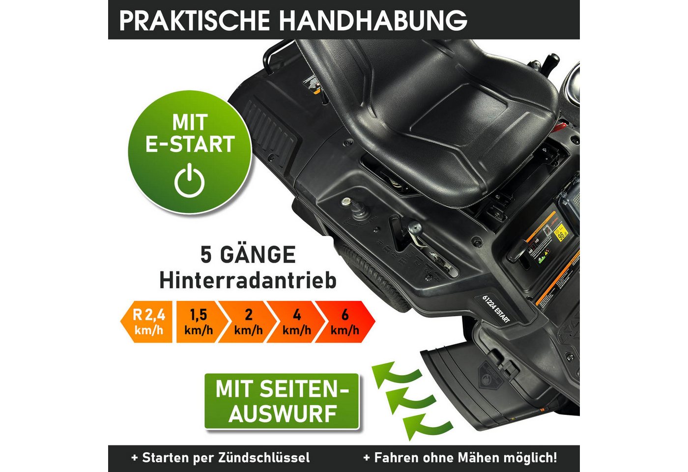 BRAST Rasentraktor Aufsitzmäher 5,15kW(7PS), Elektrostart, TÜV, Variable Geschwindigkeit, 61,00 cm Schnittbreite, 150L Fangkorb, für mittlere bis große Rasenflä – Bild 4 von 5
