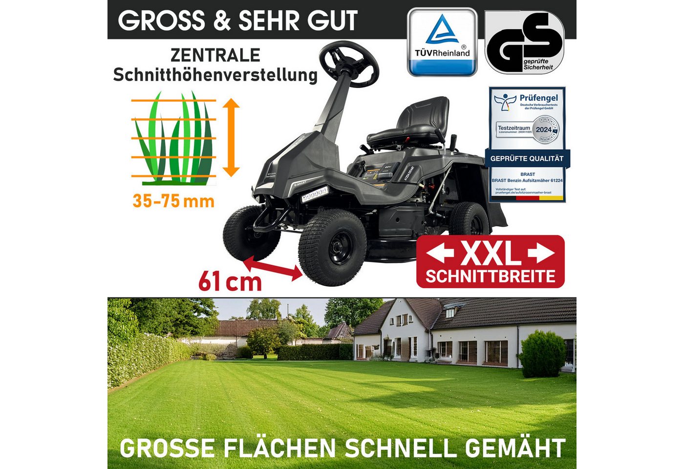 BRAST Rasentraktor Aufsitzmäher 5,15kW(7PS), Elektrostart, TÜV, Variable Geschwindigkeit, 61,00 cm Schnittbreite, 150L Fangkorb, für mittlere bis große Rasenflä – Bild 5 von 5