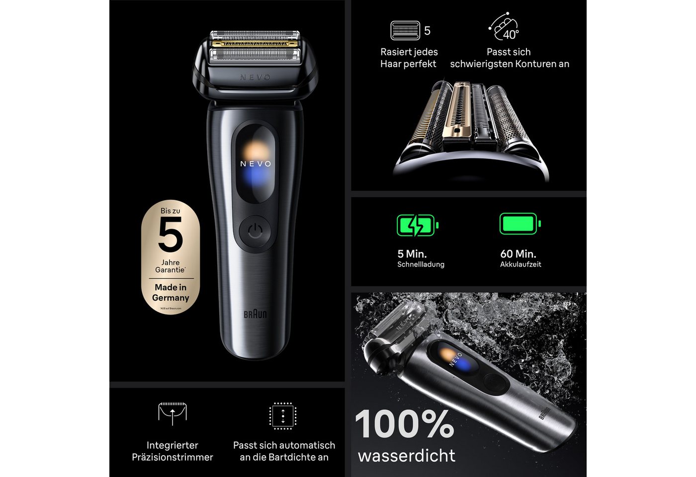 Braun Elektrorasierer NEVO 17000cc, SmartClean-Plus-Reinigungsstation, integrierter Präzisionstrimmer, AeroTouch, Smart Display, 7-in-1 Care System, Lade-Reisee – Bild 4 von 5