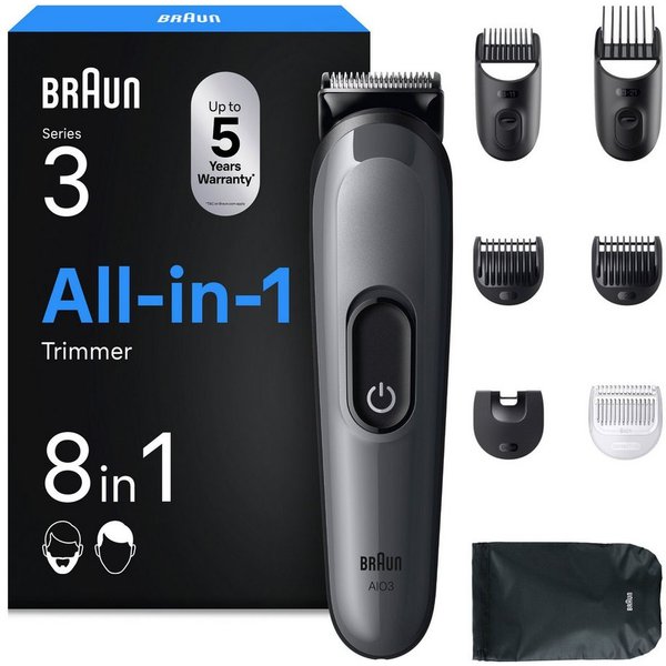 Braun Haarschneider All-in-One Series 3, 8in1 Pflegeset, ultrascharfe Klinge, 14 Längeneinstellungen, 50 Min Akkulaufzeit