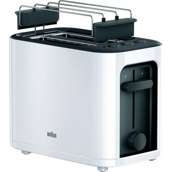 Braun Toaster PurEase HT 3010 WH - 2 Schlitze, 7 Stufen, Auftau- Aufwärmfunktion, 2 kurze Schlitze, für 2 Scheiben, 1000 W, 1.000 W, Kunststoff, Automatische Ab