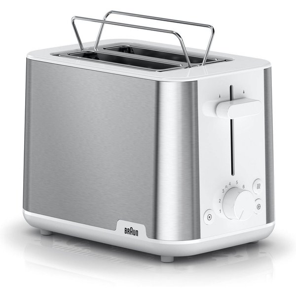 Braun Toaster PurShine HT 1510 WH - 2 Schlitze, 8 Stufen, Auftau- Aufwärmfunktion, 2 kurze Schlitze, 900 W, 900 W, Edelstahl, Automatische Abschaltung, Brötchen