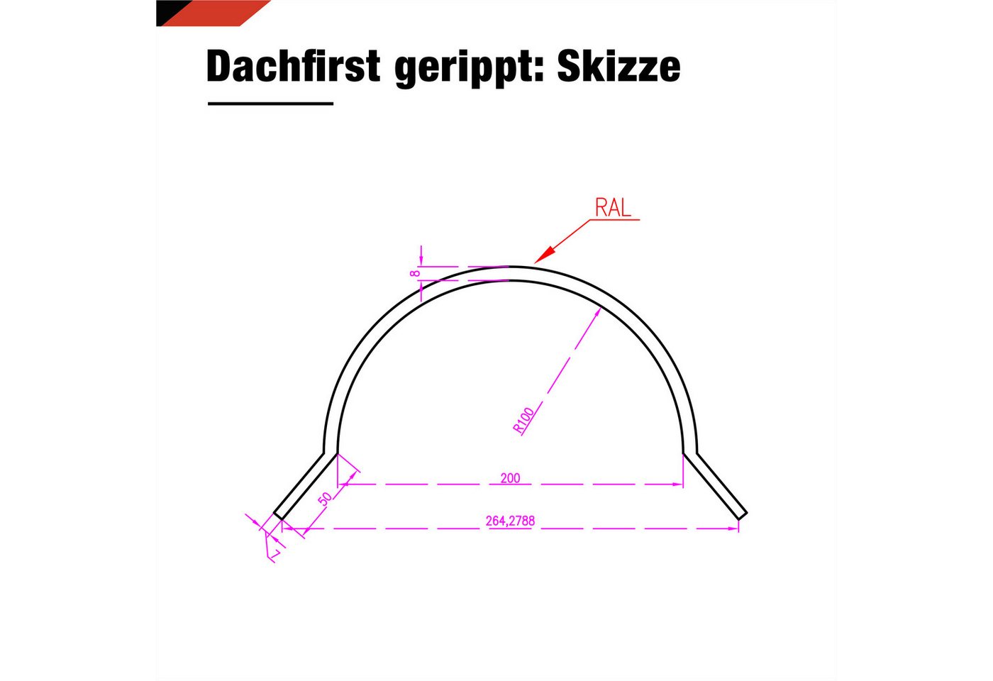 BRAVO Glattblech Dachfirst halbrund gerippt 1 m – Firstblech 0,5 mm f. Metalldachziegel, ideal für Gartenhaus, Carport, Garage und Schuppen – Bild 2 von 3