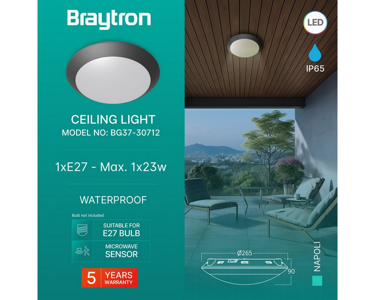 Braytron LED Deckenleuchte Außen Deckenlicht IP65 Ø265mm – E27 Fassung Bewegungsmelder, ohne Leuchtmittel, IP65 wasserdicht, Für den Außenbereich geeignet – Bild 3 von 5