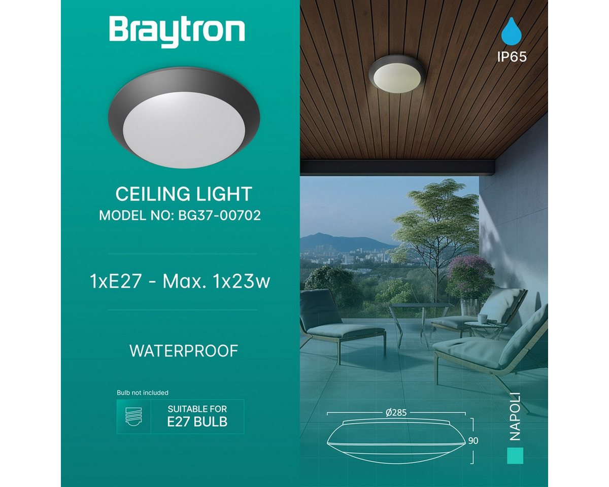 Braytron LED Deckenleuchte Deckenleuchte Deckenlampe Deckenlicht E27 Grau Eingang Flur A, ohne Leuchtmittel, IP65 wasserdicht – Bild 3 von 5