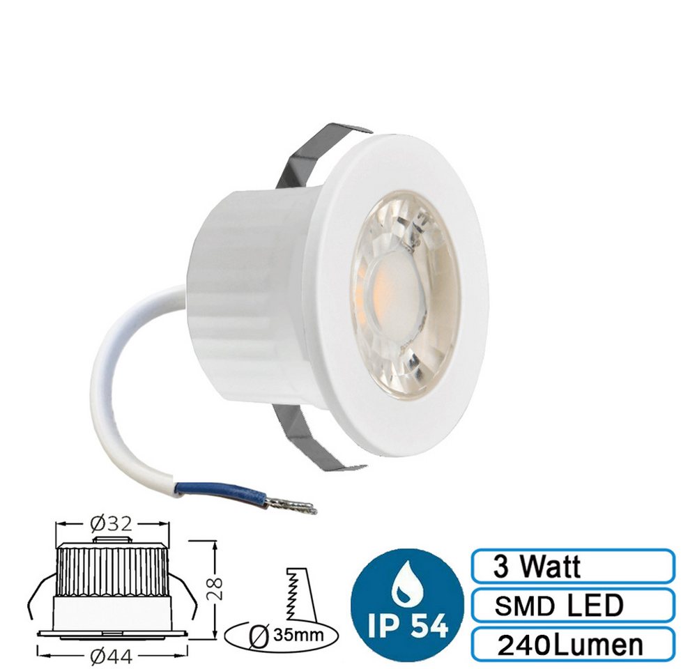Braytron LED Einbaustrahler 3 Watt LED mini Einbauleuchte Einbaustrahler Spot Weiß Warmweiß IP54, Warmweiß, 3w, 210 Lumen, Warmweiß, Ø44 x 28 mm, Weiß, Lochmaß: – Bild 2 von 5