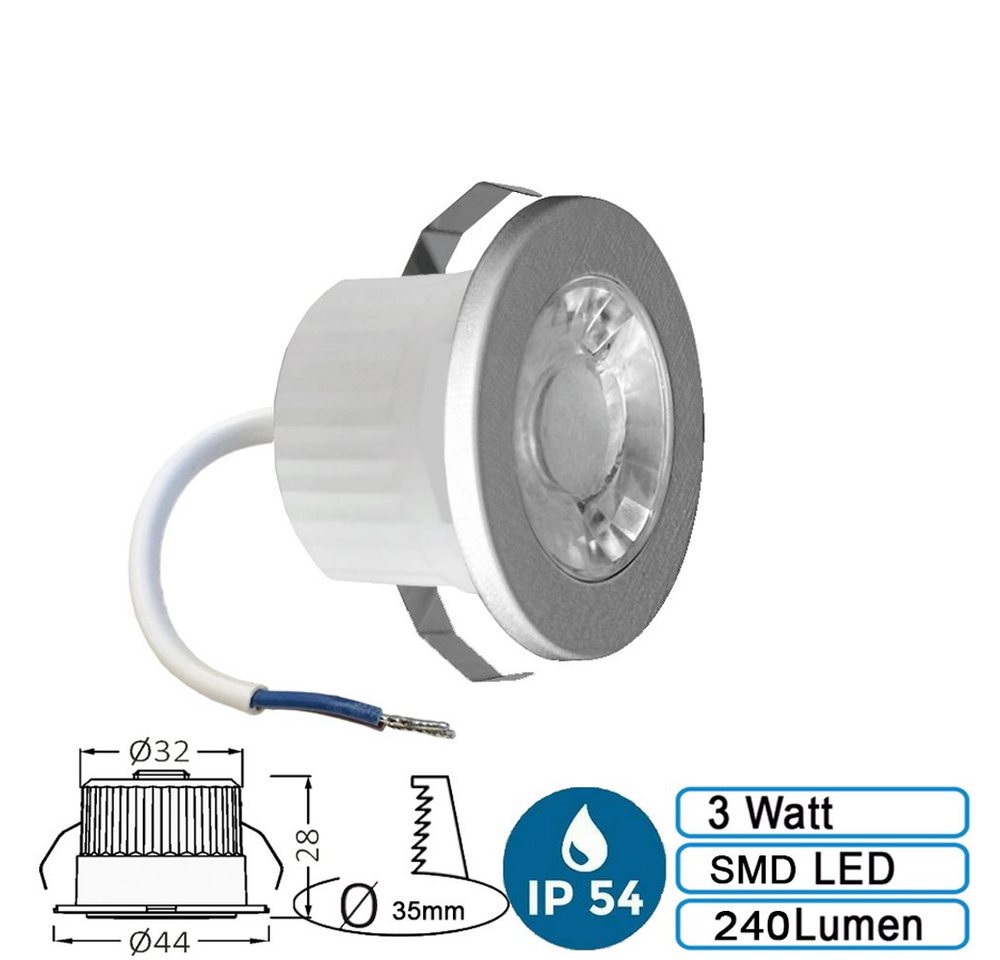 Braytron LED Einbaustrahler 3w Mini LED Einbauleuchte Einbaustrahler Spot Silber 240 Lume Warmweiß, Warmweiß, 3w, 210 Lumen, Warmweiß, Ø44 x 28 mm, Silber, Loch – Bild 2 von 5