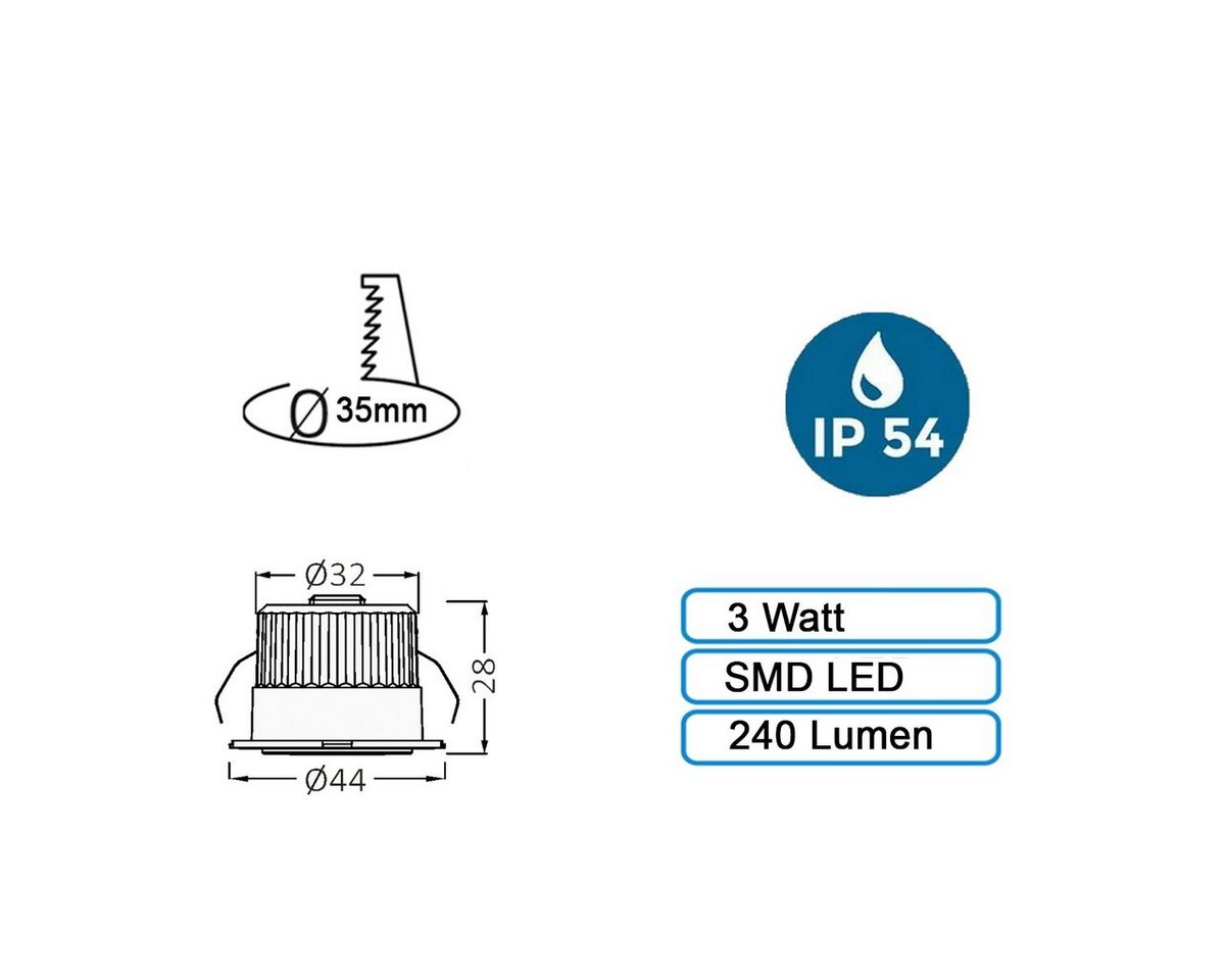 Braytron LED Einbaustrahler 3w Mini LED Einbauleuchte Einbaustrahler Spot Silber 240 Lume Warmweiß, Warmweiß, 3w, 210 Lumen, Warmweiß, Ø44 x 28 mm, Silber, Loch – Bild 4 von 5