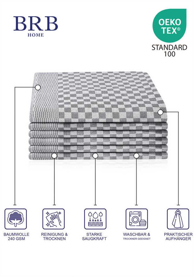 BRB HOME Geschirrtuch Geschirrtücher 100% Baumwolle Trockentuch Küchentücher (6 Stück), 50x70 cm, Grau, Karomuster, Dekorativ, 240 g/m² – Bild 4 von 4
