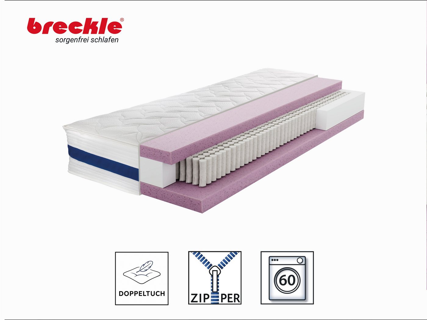Taschenfederkernmatratze 1000 Pur, 7 Zonen Matratze 90x200 cm, 140x200 cm & weitere Größen, Breckle, 25 cm hoch, Matratze H2/H3/H4, ergonomisch, atmungsaktiv – Bild 2 von 5