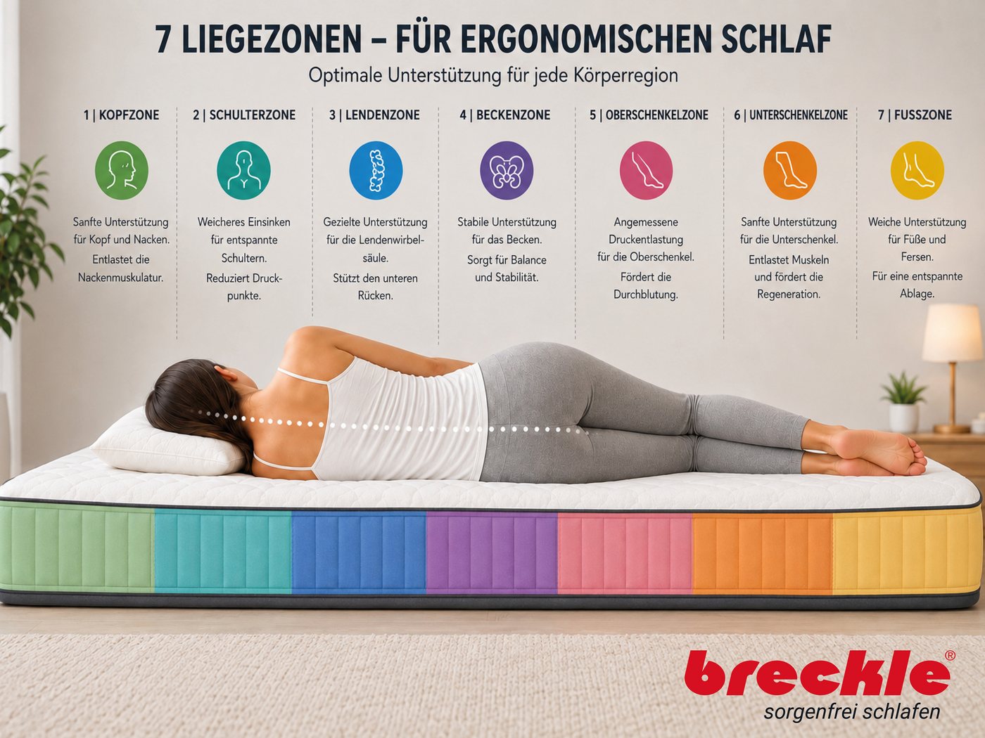 Taschenfederkernmatratze 1000 Pur, 7 Zonen Matratze 90x200 cm, 140x200 cm & weitere Größen, Breckle, 25 cm hoch, Matratze H2/H3/H4, ergonomisch, atmungsaktiv – Bild 5 von 5