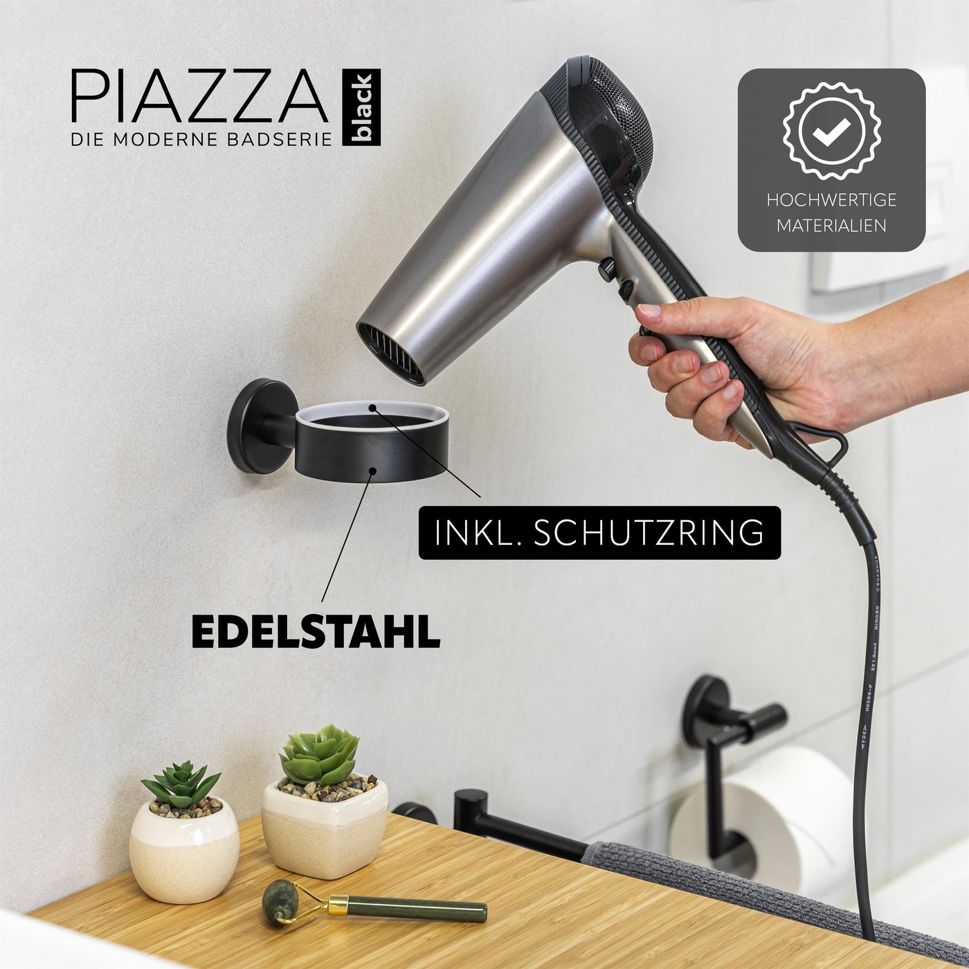 bremermann Haartrocknerhalter Bad-Serie PIAZZA BLACK - matt schwarz – Bild 3 von 5