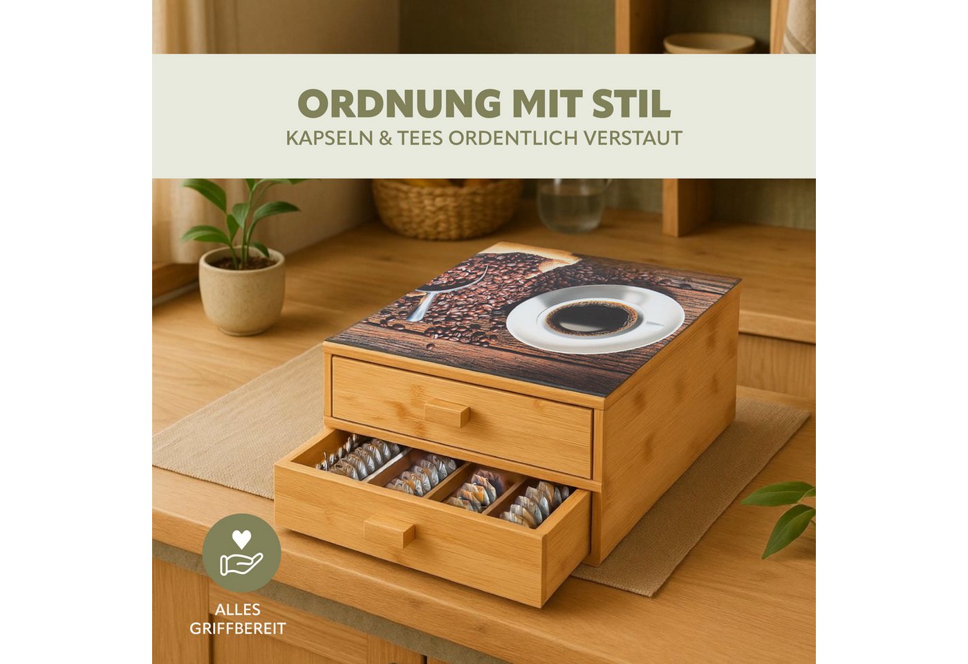 bremermann Kapselspender Kaffeekapsel-Box aus Bambus mit Dekor-Glasplatte // Teebeutel-Box – Bild 2 von 5