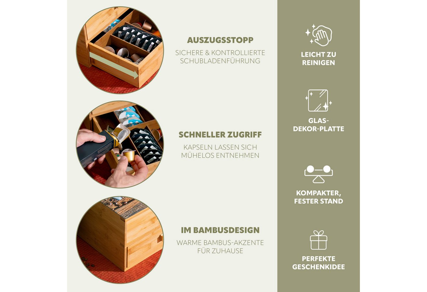 bremermann Kapselspender Kaffeekapsel-Box aus Bambus mit Dekor-Glasplatte // Teebeutel-Box – Bild 3 von 5