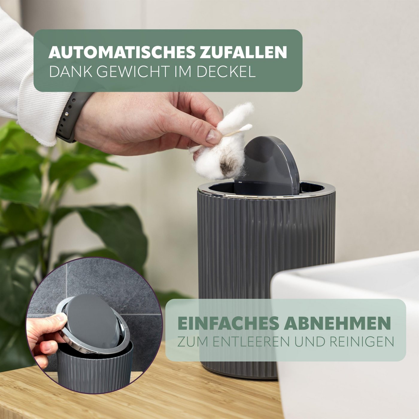 bremermann Kosmetikeimer Mini-Kosmetikeimer GAVELLO mit Schwingdeckel / mit Rillendekor, 1,5 L – Bild 5 von 5