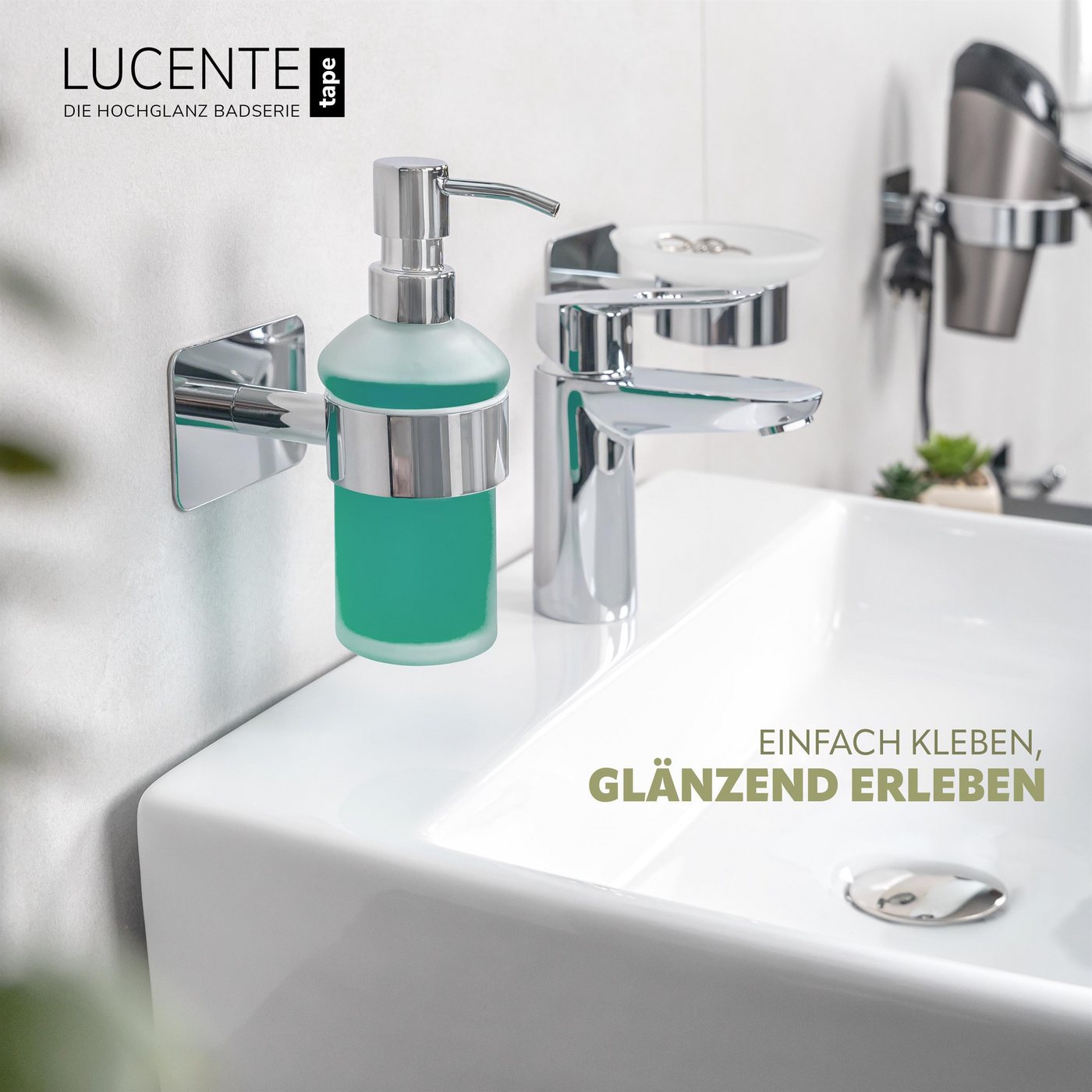 bremermann Seifenspender Bad-Serie LUCENTE TAPE - mit Klebepad, aus Glas & Edelstahl, (1-tlg) – Bild 2 von 5