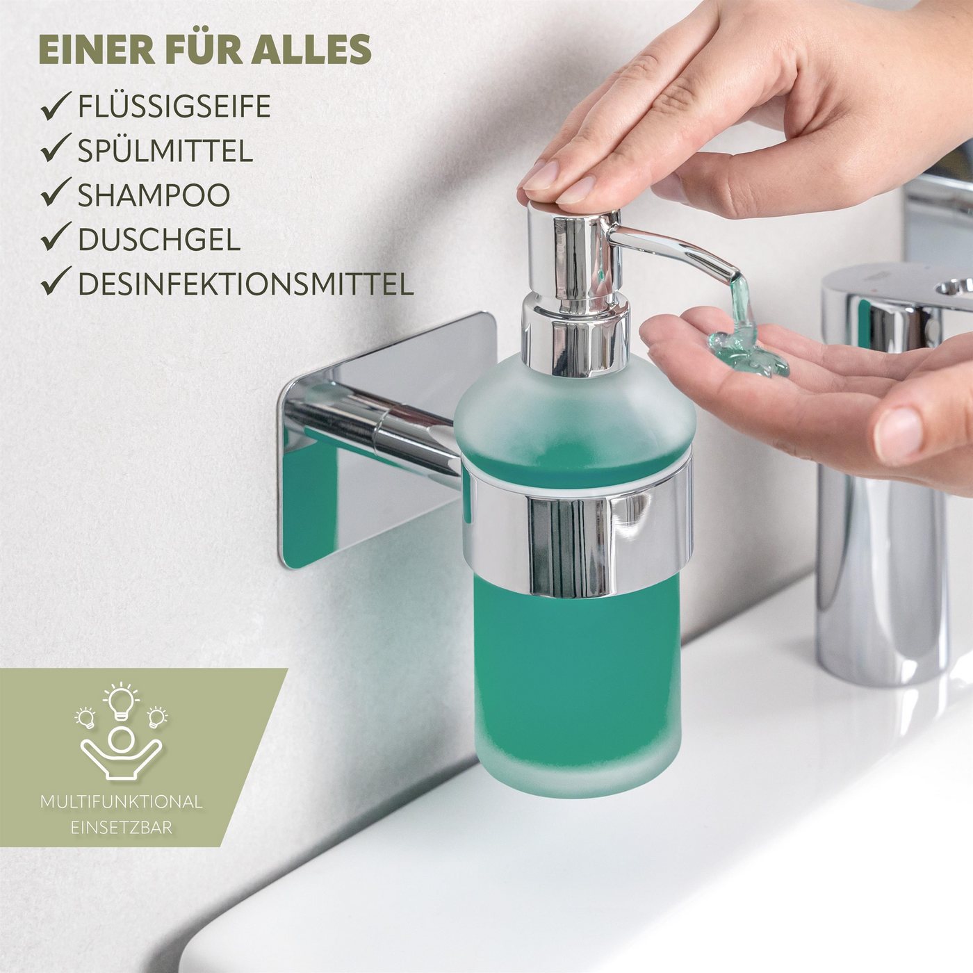 bremermann Seifenspender Bad-Serie LUCENTE TAPE - mit Klebepad, aus Glas & Edelstahl, (1-tlg) – Bild 3 von 5