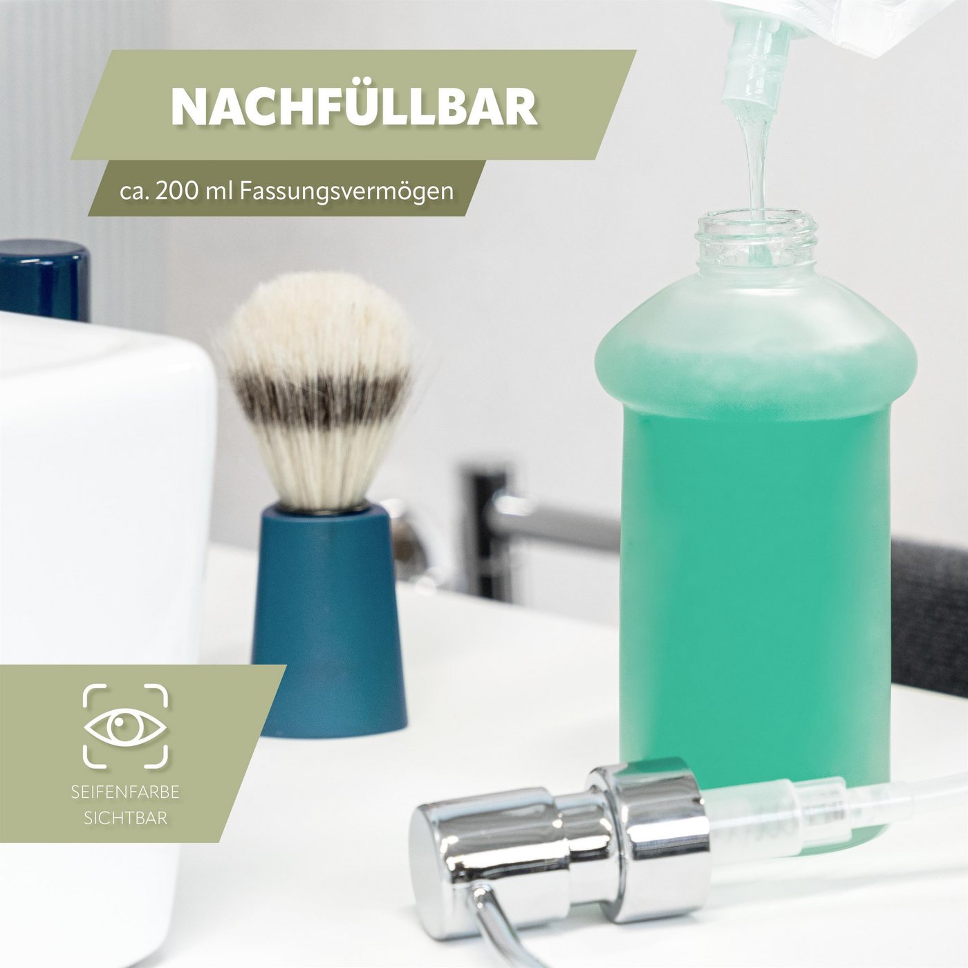 bremermann Seifenspender Bad-Serie LUCENTE TAPE - mit Klebepad, aus Glas & Edelstahl, (1-tlg) – Bild 5 von 5
