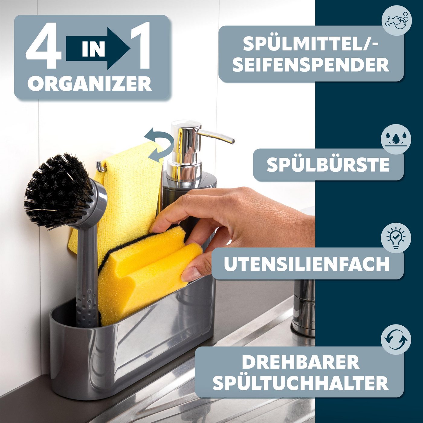bremermann Seifenspender Spülbecken Organizer, Seifenspender, Spülbürste und Tuchhalter, grau – Bild 3 von 5