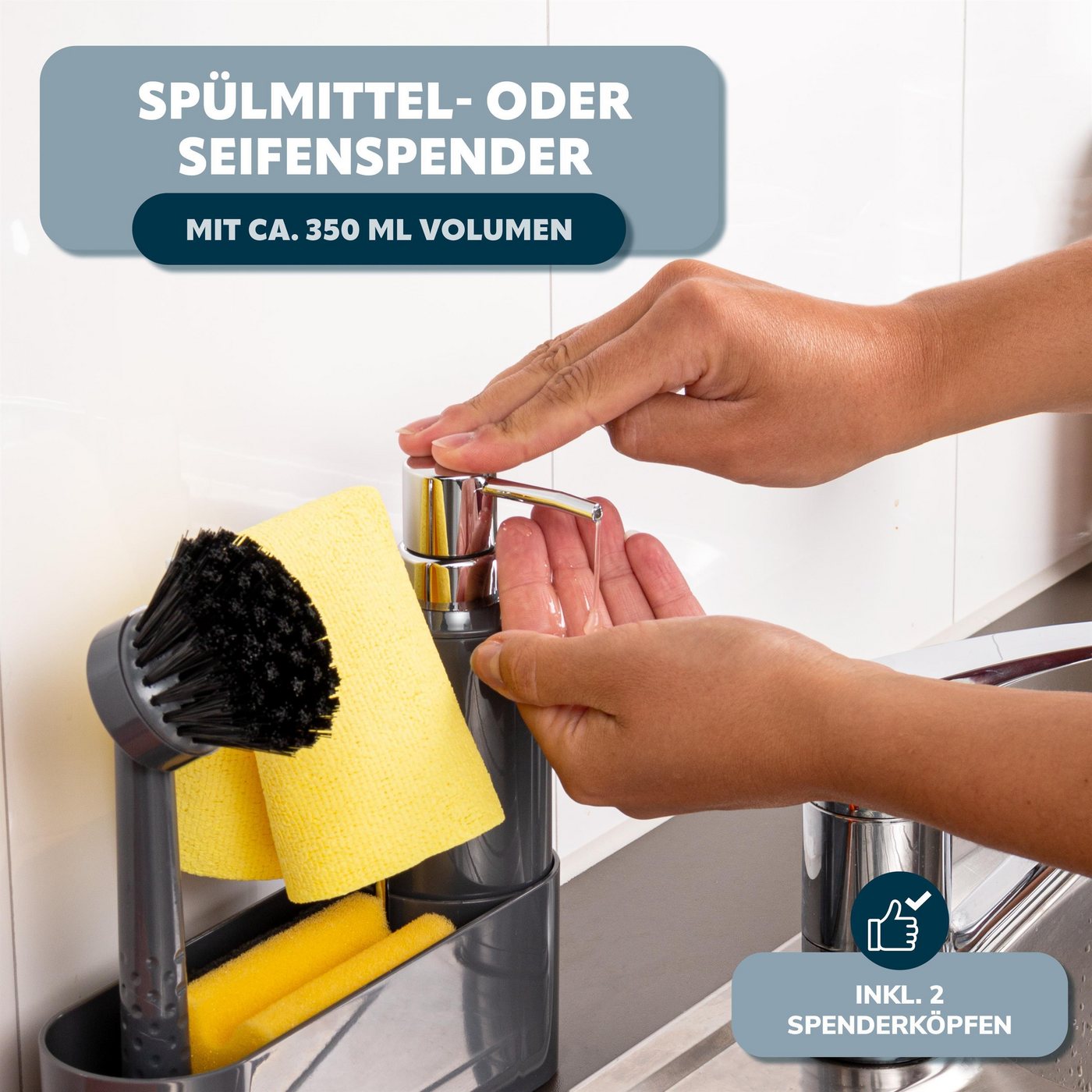 bremermann Seifenspender Spülbecken Organizer, Seifenspender, Spülbürste und Tuchhalter, grau – Bild 4 von 5