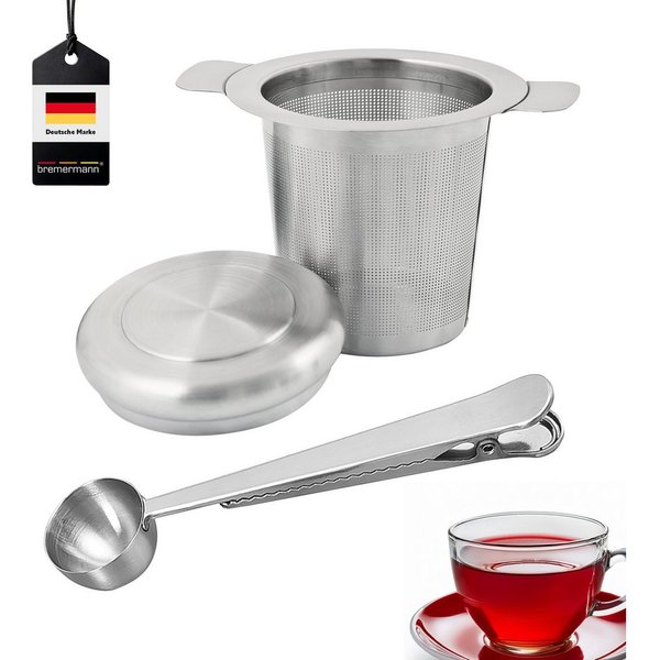 bremermann Teesieb und Teelöffel mit Klammer, aus Edelstahl, Edelstahl, (2-St), mit Deckel