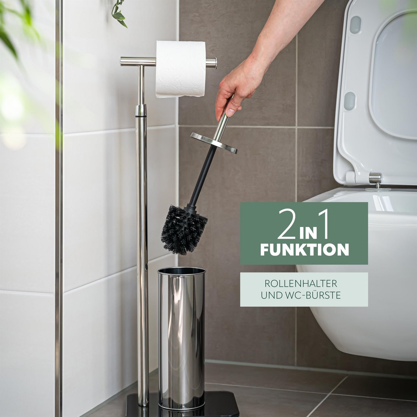 bremermann WC-Garnitur Stand-WC-Garnitur 2in1, WC-Bürste, Rollenhalter, Edelstahl Glassockel – Bild 3 von 5