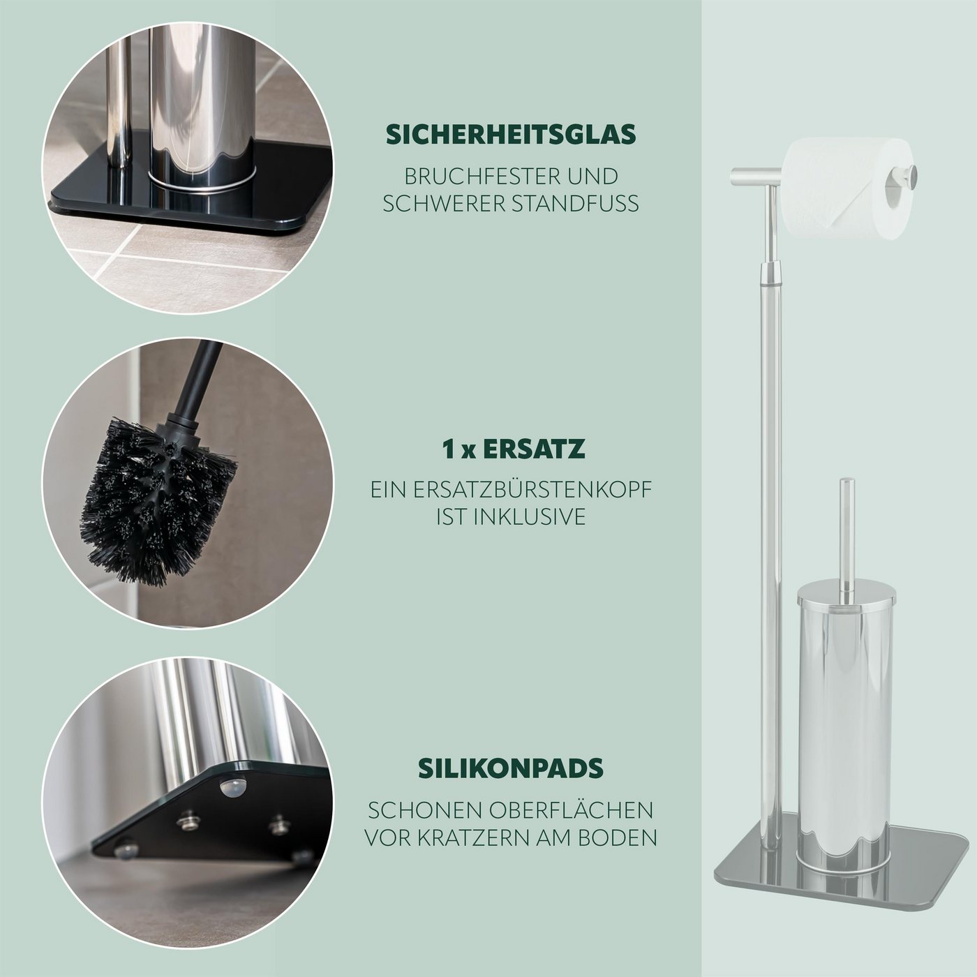 bremermann WC-Garnitur Stand-WC-Garnitur 2in1, WC-Bürste, Rollenhalter, Edelstahl Glassockel – Bild 4 von 5