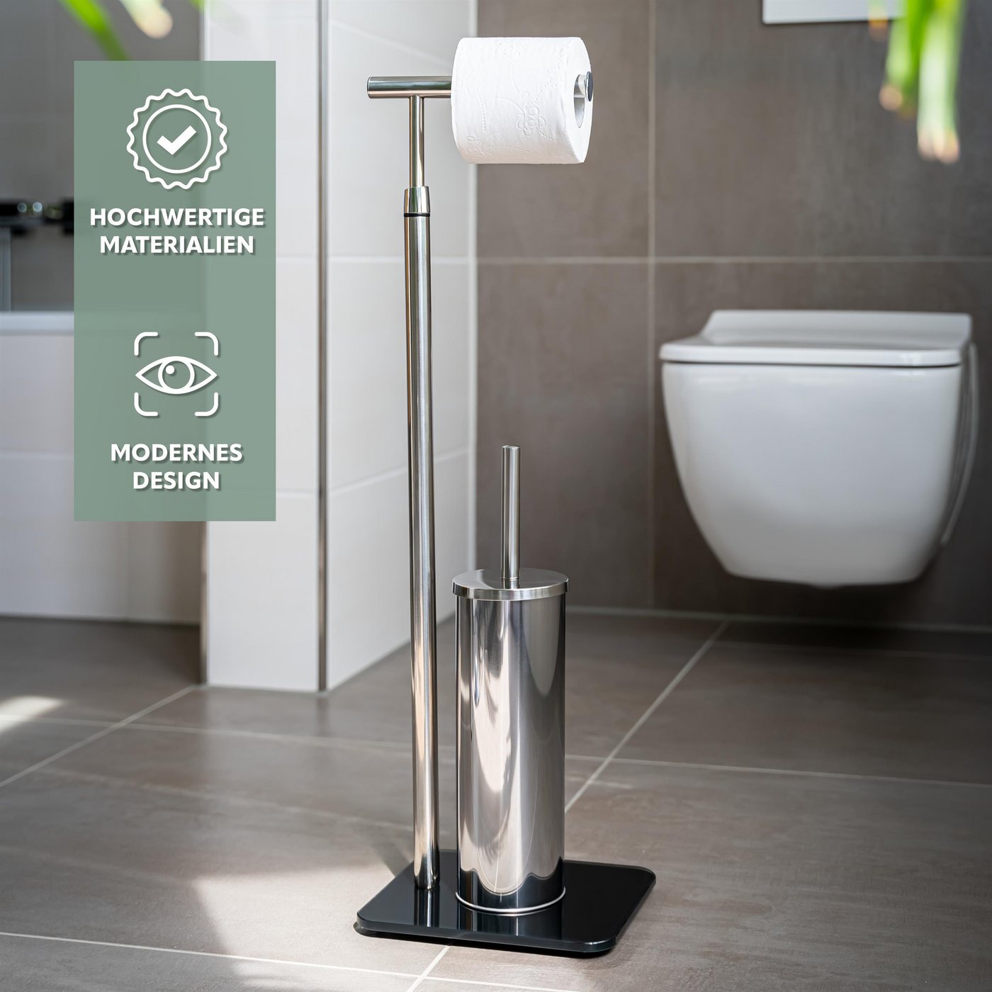 bremermann WC-Garnitur Stand-WC-Garnitur 2in1, WC-Bürste, Rollenhalter, Edelstahl Glassockel – Bild 5 von 5