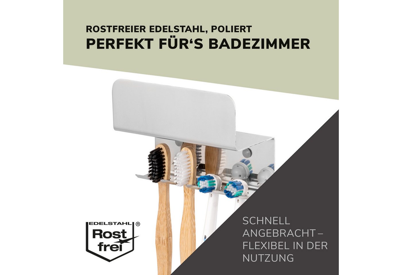 bremermann Zahnbürstenhalter Zahnbürstenhalter PUREZZA zum Kleben oder Bohren, Edelstahl hochglanz, (1-St) – Bild 5 von 5