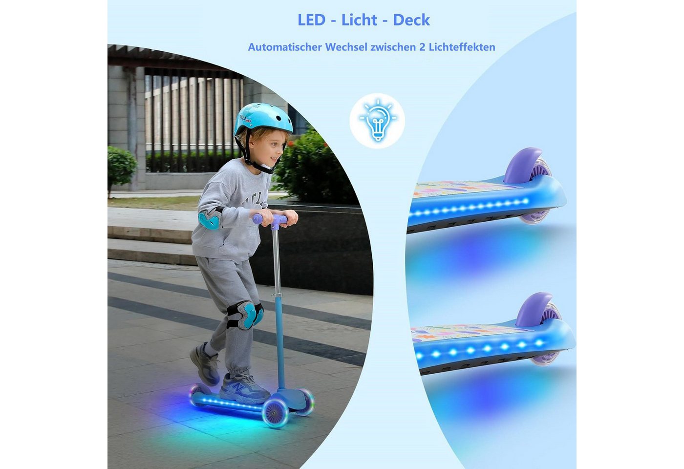 BremToy Dreiradscooter Höhenverstellbare Kinderroller mit leuchtendem Deck und PU-LED Rädern – Bild 3 von 5