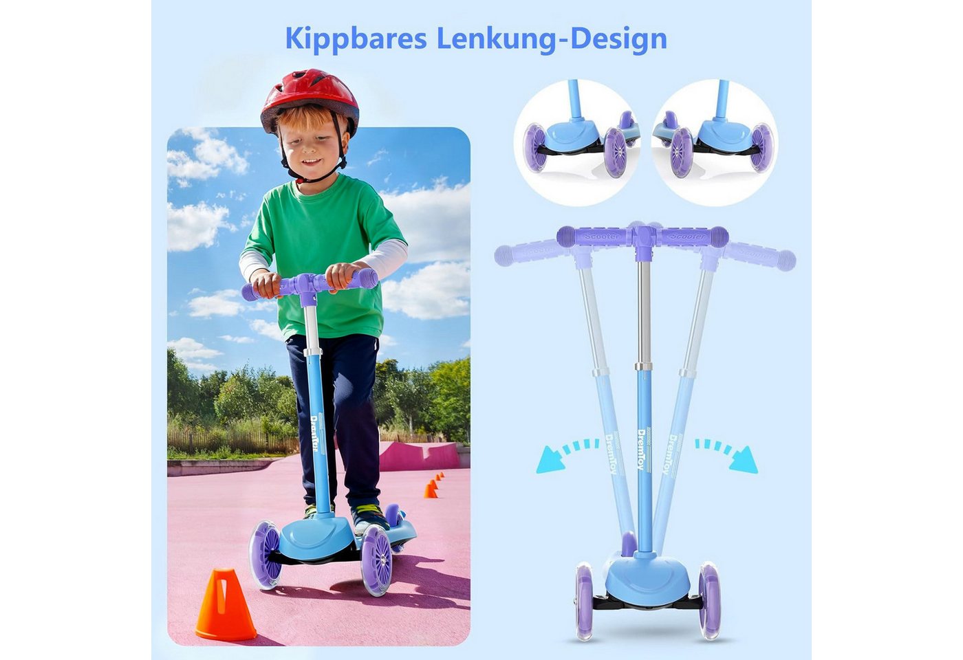 BremToy Dreiradscooter Höhenverstellbare Kinderroller mit leuchtendem Deck und PU-LED Rädern – Bild 4 von 5