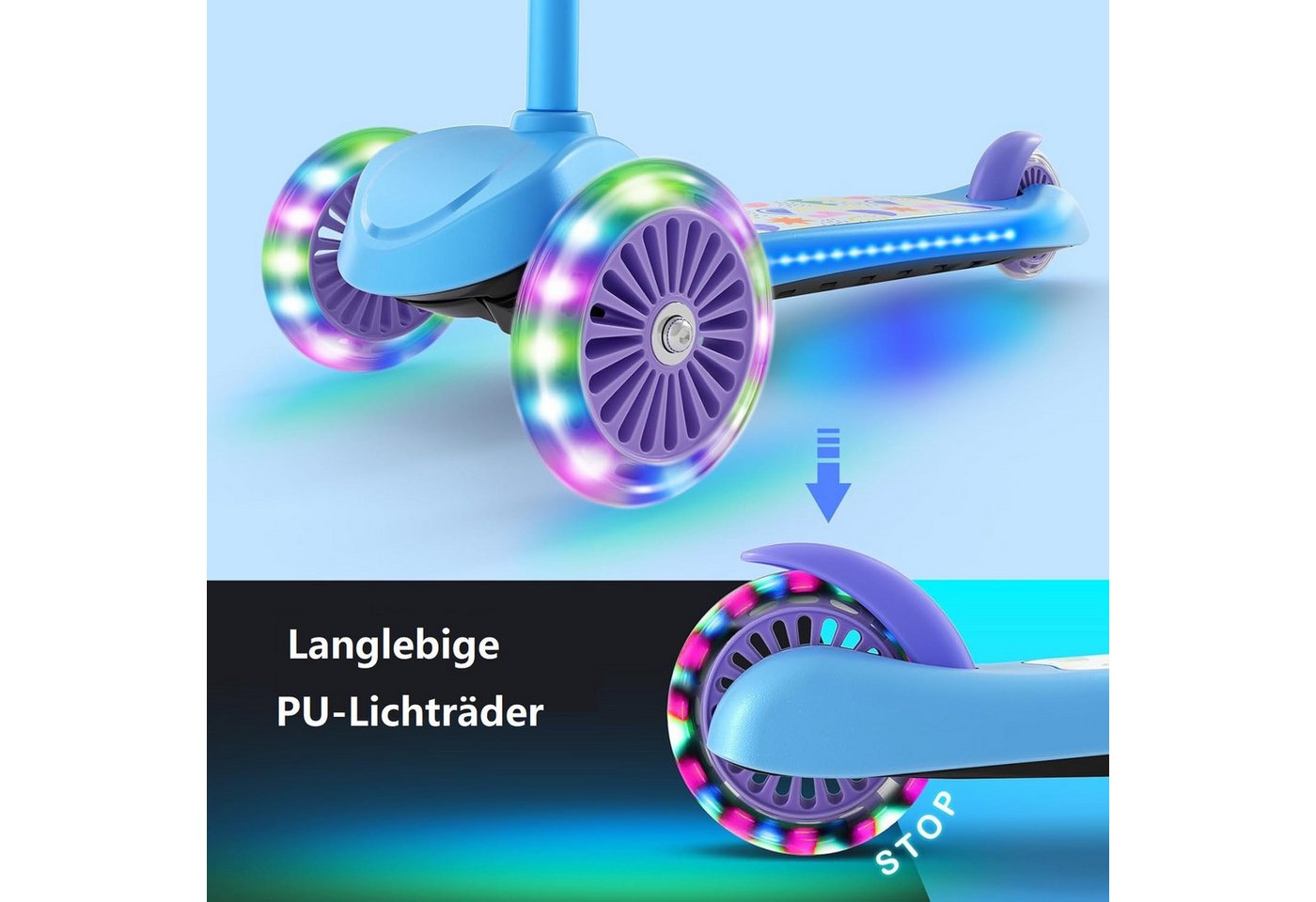 BremToy Dreiradscooter Höhenverstellbare Kinderroller mit leuchtendem Deck und PU-LED Rädern – Bild 5 von 5