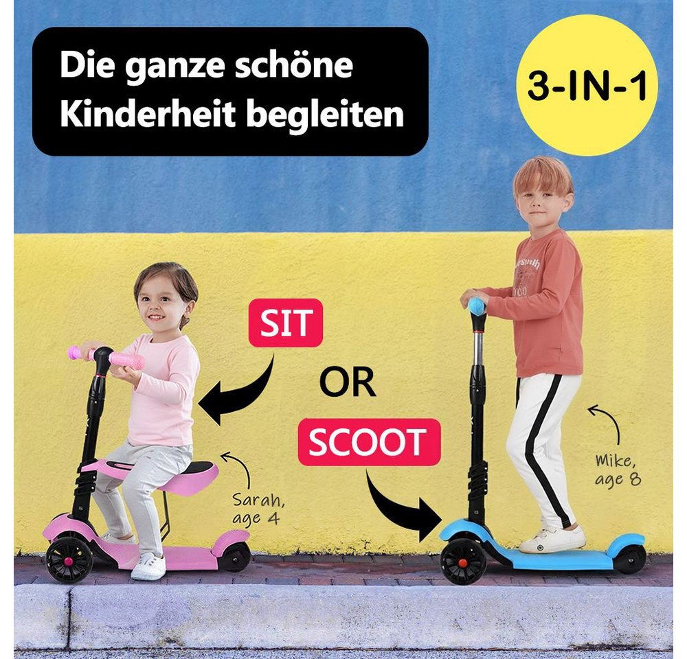 BremToy Scooter 3 in 1 Kinder Roller Scooter mit Sitz LED Räder ab 2 Jahre – Bild 2 von 5