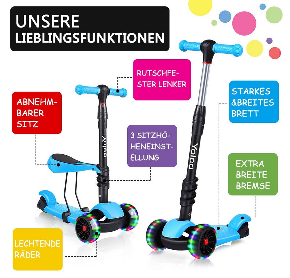 BremToy Scooter 3 in 1 Kinder Roller Scooter mit Sitz LED Räder ab 2 Jahre – Bild 3 von 5