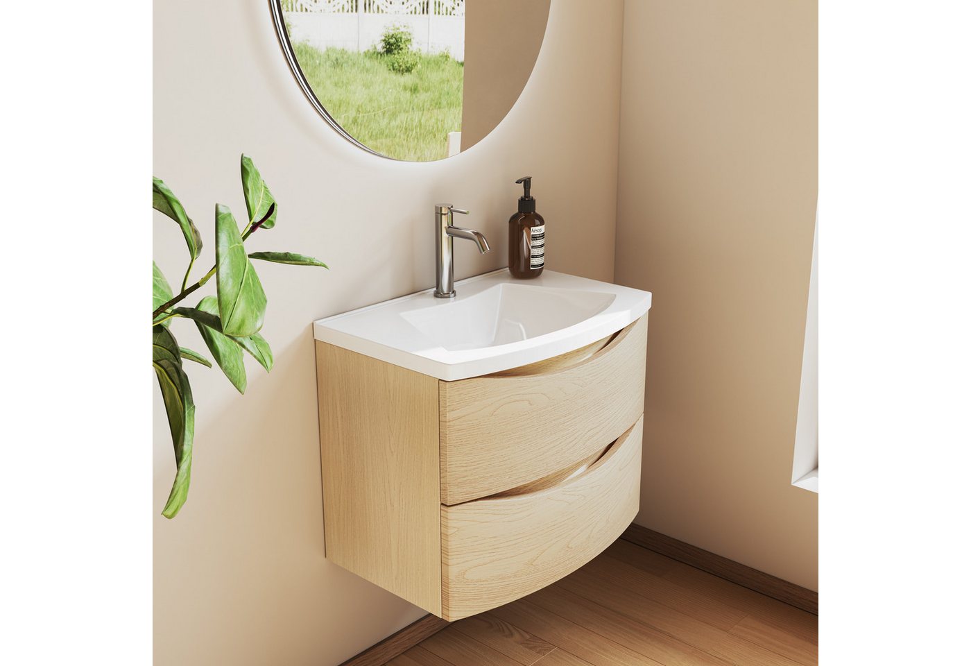 BRIDGE BENO Badmöbel-Set 60/80cm Curved Badezimmerwaschtisch, Mineralgussbecken, mit zwei Soft-Close Schublade, Golden Sand – Bild 5 von 5