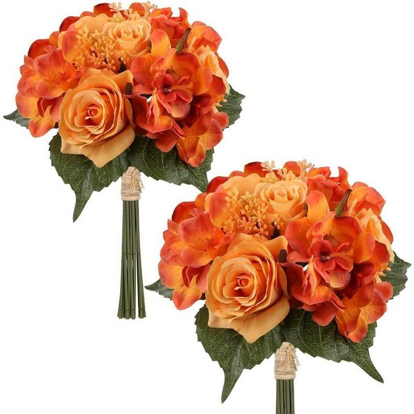 Kunstblumenstrauß Künstliche Blumenstrauß Hortensie Rosenbouquet, 2er Set 30cm Orange, Briful