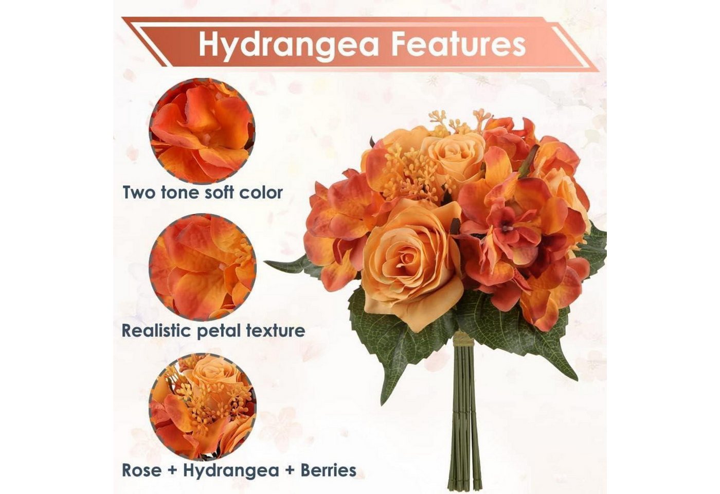 Kunstblumenstrauß Künstliche Blumenstrauß Hortensie Rosenbouquet, 2er Set 30cm Orange, Briful – Bild 2 von 5