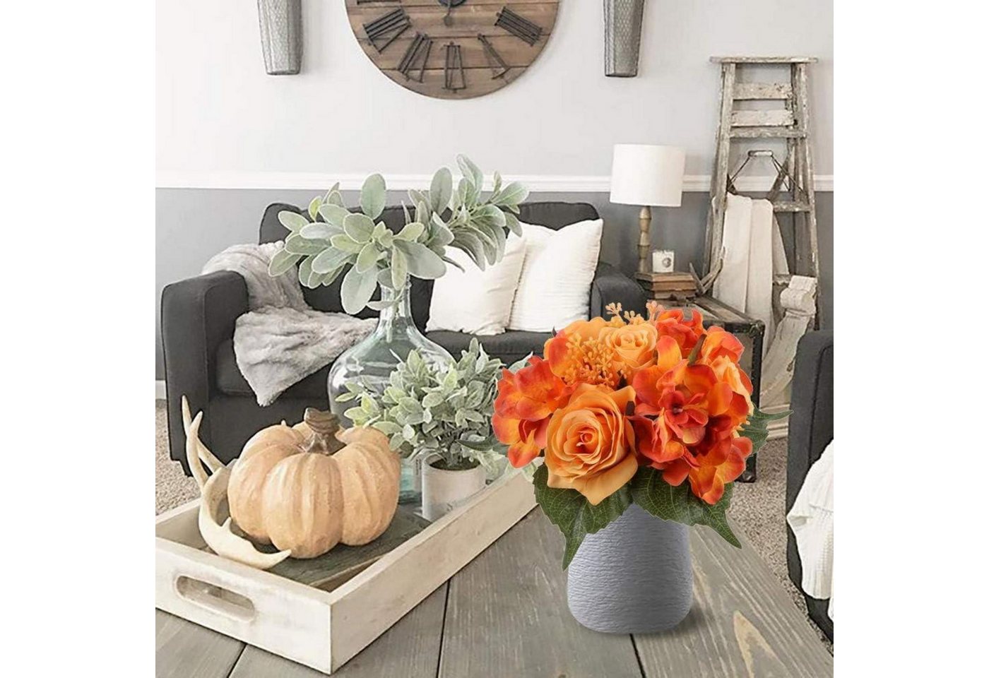 Kunstblumenstrauß Künstliche Blumenstrauß Hortensie Rosenbouquet, 2er Set 30cm Orange, Briful – Bild 4 von 5