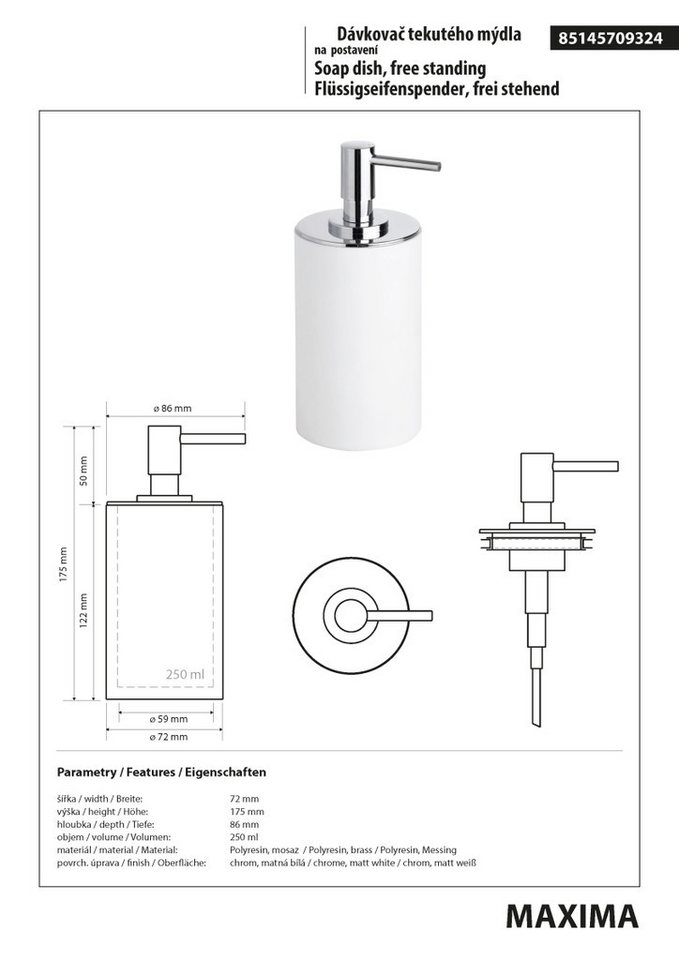 BRILLANTBAD® Seifenspender MAXIMA Seifenspender Polyresin Messing Weiß Bad & Küche >> Freistehend – Bild 2 von 5