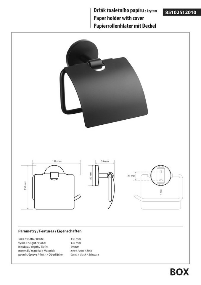 BRILLANTBAD® Toilettenpapierhalter BOX Papierrollenhalter mit Deckel Zink Schwarz für Bad & WC >> Bohren – Bild 2 von 2