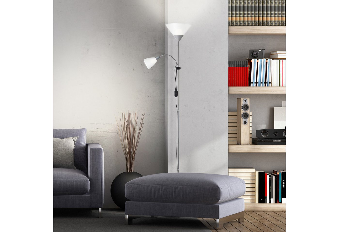 Brilliant Deckenfluter Spari, Lesearm, ohne Leuchtmittel, 180 cm Höhe, Ø 25 cm, E27 + E14, Aluminium/Kunststoff – Bild 2 von 4