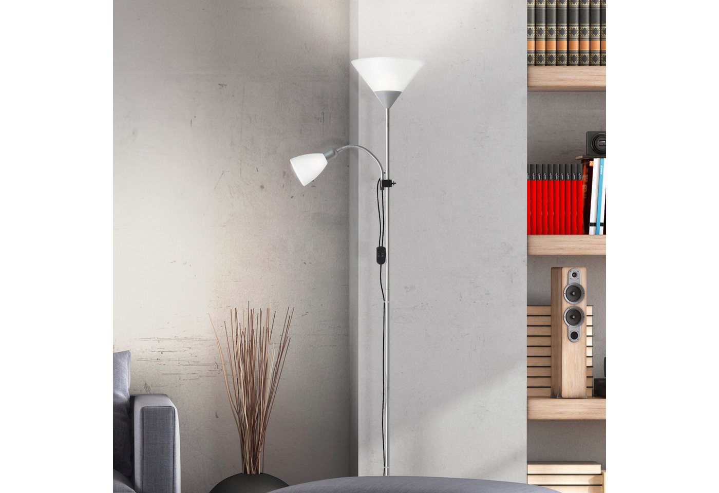Brilliant Deckenfluter Spari, Lesearm, ohne Leuchtmittel, 180 cm Höhe, Ø 25 cm, E27 + E14, Aluminium/Kunststoff – Bild 3 von 4